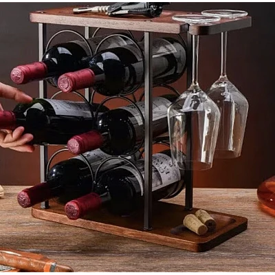 Suport pentru 6 sticle vin si 2 pahare din otel si lemn Suport pentru 6 sticle vin si 2 pahare din otel si lemn