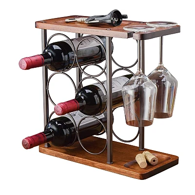 Suport pentru 6 sticle vin si 2 pahare din otel si lemn Suport pentru 6 sticle vin si 2 pahare din otel si lemn