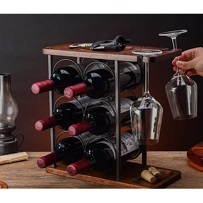 Suport pentru 6 sticle vin si 2 pahare din otel si lemn Suport pentru 6 sticle vin si 2 pahare din otel si lemn