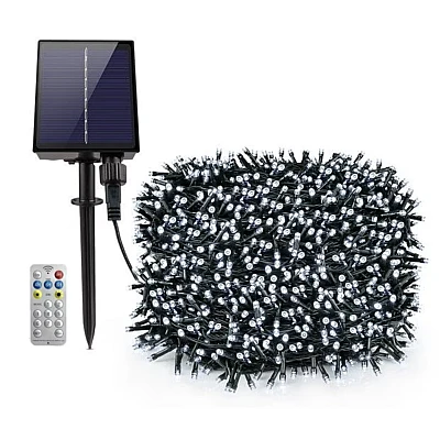 Instalatie solara 1000 LED de 100 metri cu telecomanda pentru exterior ALB RECE HS Instalatie solara 1000 LED de 100 metri cu telecomanda pentru exterior ALB RECE HS