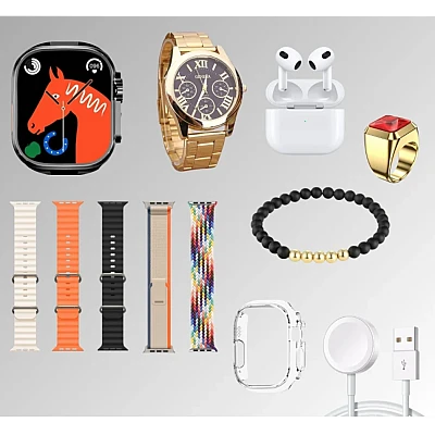 Set cadou ceas Smartwatch 9 in 1 H1000 Ultra 3 cu accesorii casti bratara Set cadou ceas Smartwatch 9 in 1 H1000 Ultra 3 cu accesorii casti bratara