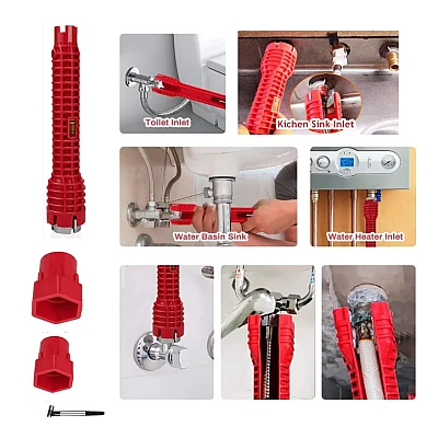 Cheie multifunctionala rosie pentru instalatii sanitare 3 capete interschimbabile Cheie multifunctionala rosie pentru instalatii sanitare 3 capete interschimbabile