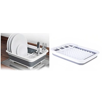 Suport pliabil pentru vase cu scurgator din silicon ALB/GRI Suport pliabil pentru vase cu scurgator din silicon ALB/GRI