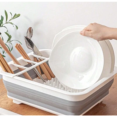 Suport pliabil pentru vase cu scurgator din silicon ALB/GRI Suport pliabil pentru vase cu scurgator din silicon ALB/GRI