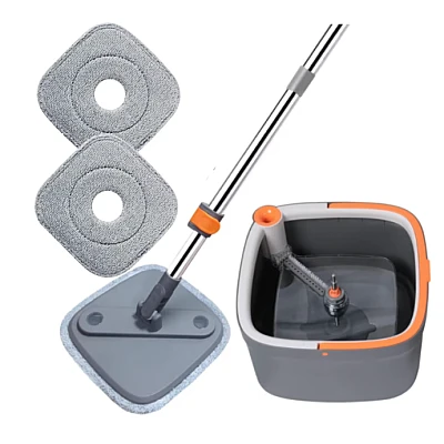 Set mop rotativ BIMROM cu doua rezerve galeata patrata cu doua compartimente separate pentru apa curata si murdara Set mop rotativ BIMROM cu doua rezerve galeata patrata cu doua compartimente separate pentru apa curata si murdara