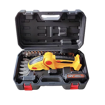 Set foarfeca electrica gradinarit taiere si finisare unghi reglabil 24V lama 30cm galben Set foarfeca electrica gradinarit taiere si finisare unghi reglabil 24V lama 30cm galben