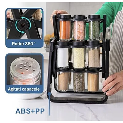 Set 18 recipiente condimente cu suport rotativ 34x23 cm Set 18 recipiente condimente cu suport rotativ 34x23 cm