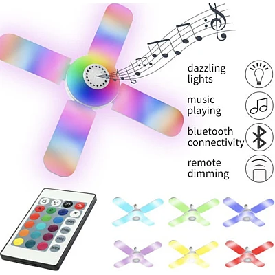 Bec cu patru brate lumina multicolora functie muzicala prin bluetooth si telecomanda Bec cu patru brate lumina multicolora functie muzicala prin bluetooth si telecomanda