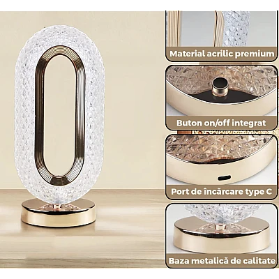 Lampa ambientala cristal LED forma ovala portabila 3 moduri de iluminare Lampa ambientala cristal LED forma ovala portabila 3 moduri de iluminare
