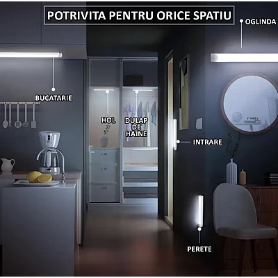 Lampa LED cu senzor de miscare si lumina 30 cm pentru dulap dressing portbagaj scari oglinda casa 3 moduri de functionare Lampa LED cu senzor de miscare si lumina 30 cm pentru dulap dressing portbagaj scari oglinda casa 3 moduri de functionare