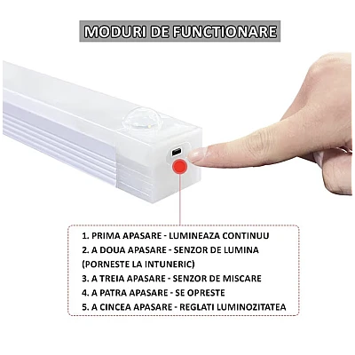 Lampa LED cu senzor de miscare si lumina 30 cm pentru dulap dressing portbagaj scari oglinda casa 3 moduri de functionare Lampa LED cu senzor de miscare si lumina 30 cm pentru dulap dressing portbagaj scari oglinda casa 3 moduri de functionare
