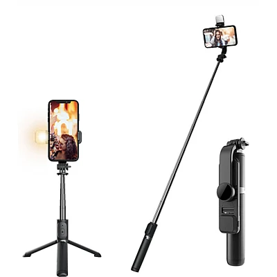 Selfie stick Bluetooth trepied stabil cu LED Q02S de 104cm Selfie stick Bluetooth trepied stabil cu LED Q02S de 104cm