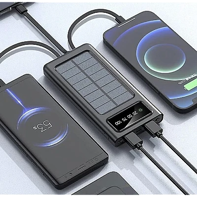 Baterie Externa 4 in 1 cu incarcare solara 10000mAh display digital si cabluri Baterie Externa 4 in 1 cu incarcare solara 10000mAh display digital si cabluri
