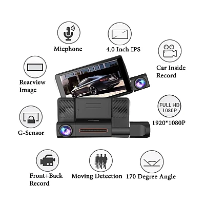 Camera auto de bord tripla Full HD 1080P 3 camere fata+interior+marsarier Senzor de coliziune G-senzor Filmare continua Vedere nocturna Camera auto de bord tripla Full HD 1080P 3 camere fata+interior+marsarier Senzor de coliziune G-senzor Filmare continua Vedere nocturna