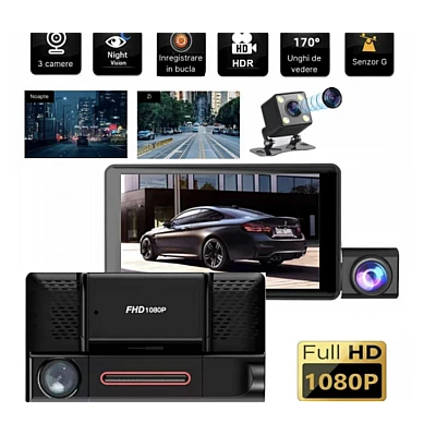 Camera auto de bord tripla Full HD 1080P 3 camere fata+interior+marsarier Senzor de coliziune G-senzor Filmare continua Vedere nocturna Camera auto de bord tripla Full HD 1080P 3 camere fata+interior+marsarier Senzor de coliziune G-senzor Filmare continua Vedere nocturna