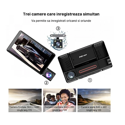 Camera auto de bord tripla Full HD 1080P 3 camere fata+interior+marsarier Senzor de coliziune G-senzor Filmare continua Vedere nocturna
