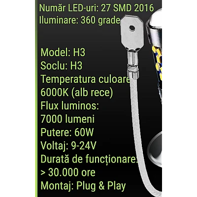 Set 2 becuri auto LED H3 cu lupa 60W 27 SMD 12V 6000K Set 2 becuri auto LED H3 cu lupa 60W 27 SMD 12V 6000K