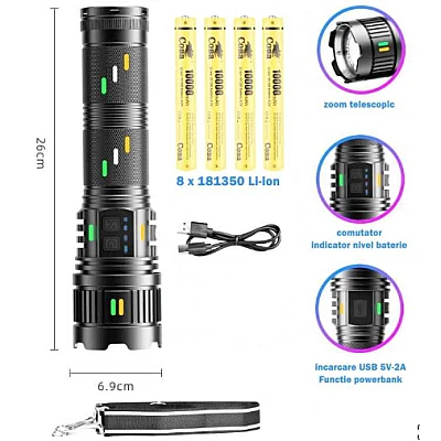 Lanterna profesionala CB G400Y din aluminiu resistenta la socuri cu led 300w 4 acumulatori 181350 incarcare USB Lanterna profesionala CB G400Y din aluminiu resistenta la socuri cu led 300w 4 acumulatori 181350 incarcare USB