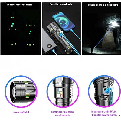 Lanterna profesionala BL G601 putere 300W fiabilitate 4 acumulatori 18650 Incarcare USB 5km Lanterna profesionala BL G601 putere 300W fiabilitate 4 acumulatori 18650 Incarcare USB 5km