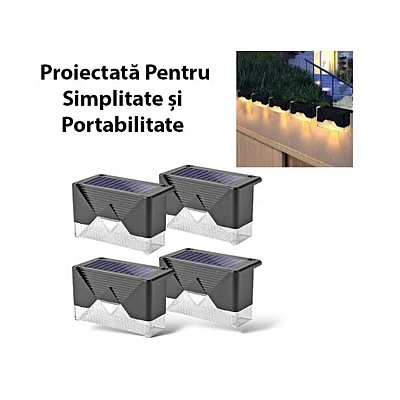 Set 4 Lampi Solare LED pentru scari gard stalpi rezistent la apa senzor de Lumina 8,1 cm x 5 cm x 4,5 cm Lumina Calda Set 4 Lampi Solare LED pentru scari gard stalpi rezistent la apa senzor de Lumina 8,1 cm x 5 cm x 4,5 cm Lumina Calda