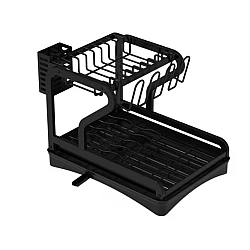 Scurgator vase cu suport de tacamuri si pahare negru 2 niveluri tava scurgere MZY 1139A