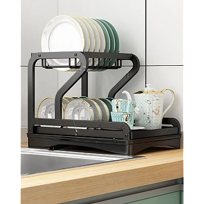 Scurgator vase cu suport de tacamuri si pahare negru 2 niveluri tava scurgere MZY 1139A