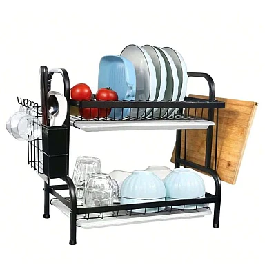 Raft scurgator de vase etajat cu multiple spatii depozitare 2 Nivele Negru Raft scurgator de vase etajat cu multiple spatii depozitare 2 Nivele Negru