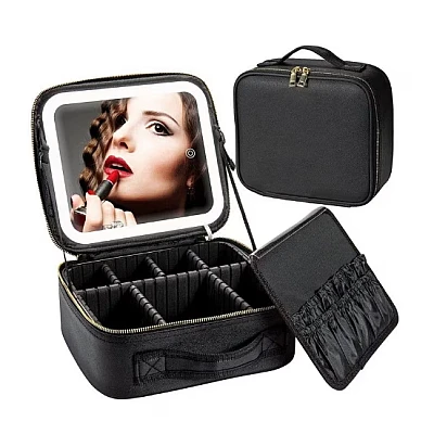 Geanta pentru cosmetice cu oglinda si lumina LED compartiment separat pentru pensule Geanta pentru cosmetice cu oglinda si lumina LED compartiment separat pentru pensule