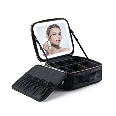 Geanta pentru cosmetice cu oglinda si lumina LED compartiment separat pentru pensule Geanta pentru cosmetice cu oglinda si lumina LED compartiment separat pentru pensule