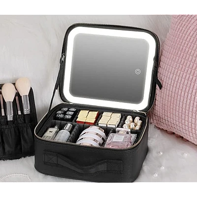 Geanta pentru cosmetice cu oglinda si lumina LED compartiment separat pentru pensule Geanta pentru cosmetice cu oglinda si lumina LED compartiment separat pentru pensule