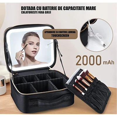 Geanta pentru cosmetice cu oglinda si lumina LED compartiment separat pentru pensule Geanta pentru cosmetice cu oglinda si lumina LED compartiment separat pentru pensule