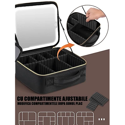 Geanta pentru cosmetice cu oglinda si lumina LED compartiment separat pentru pensule Geanta pentru cosmetice cu oglinda si lumina LED compartiment separat pentru pensule