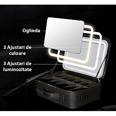 Geanta pentru cosmetice cu oglinda si lumina LED compartiment separat pentru pensule Geanta pentru cosmetice cu oglinda si lumina LED compartiment separat pentru pensule