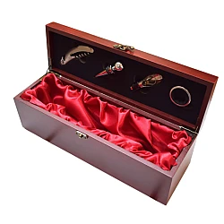 Cutie pentru Vin din Lemn cu 4 Accesorii Tirbuson Dop elegant Dop servire Inel antipicurare 36 x 11cm