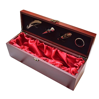 Cutie pentru Vin din Lemn cu 4 Accesorii Tirbuson Dop elegant Dop servire Inel antipicurare 36 x 11cm