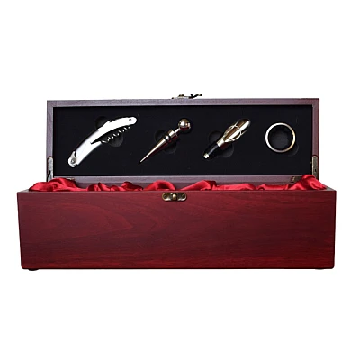 Cutie pentru Vin din Lemn cu 4 Accesorii Tirbuson Dop elegant Dop servire Inel antipicurare 36 x 11cm