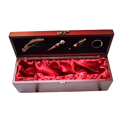 Cutie pentru Vin din Lemn cu 4 Accesorii Tirbuson Dop elegant Dop servire Inel antipicurare 36 x 11cm