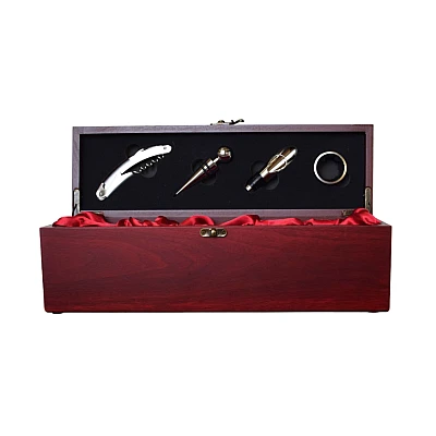 Cutie pentru Vin din Lemn cu 4 Accesorii Tirbuson Dop elegant Dop servire Inel antipicurare 36 x 11cm