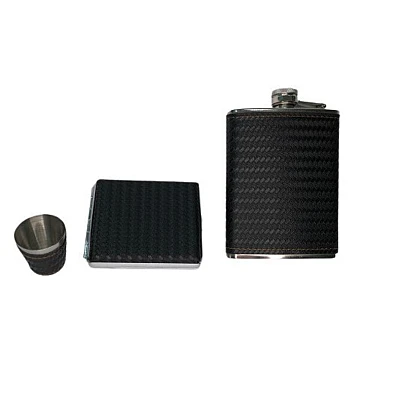 Set cadou format din 4 piese plosca palnie pahar tip shot si tabachera NEGRU CU MODEL Set cadou format din 4 piese plosca palnie pahar tip shot si tabachera NEGRU CU MODEL