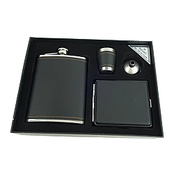 Set cadou format din 4 piese plosca palnie pahar tip shot si tabachera NEGRU SIMPLU