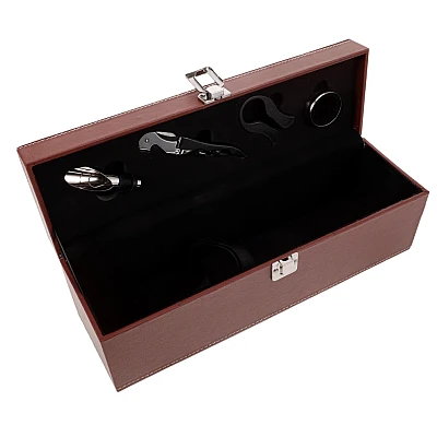 Cutie pentru Vin cu 4 Accesorii Tirbuson taietor capison inel dop metalic PIELE MARO Cutie pentru Vin cu 4 Accesorii Tirbuson taietor capison inel dop metalic PIELE MARO