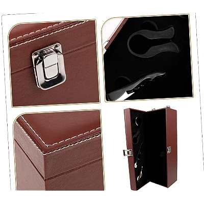 Cutie pentru Vin cu 4 Accesorii Tirbuson taietor capison inel dop metalic PIELE MARO Cutie pentru Vin cu 4 Accesorii Tirbuson taietor capison inel dop metalic PIELE MARO