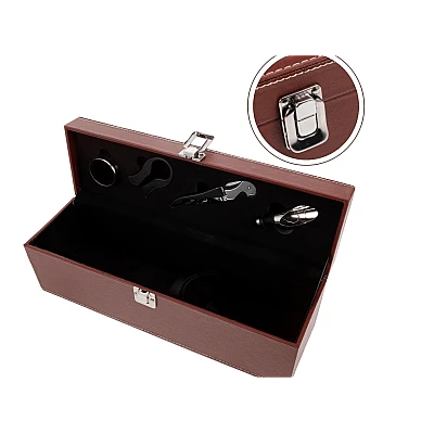 Cutie pentru Vin cu 4 Accesorii Tirbuson taietor capison inel dop metalic PIELE MARO Cutie pentru Vin cu 4 Accesorii Tirbuson taietor capison inel dop metalic PIELE MARO