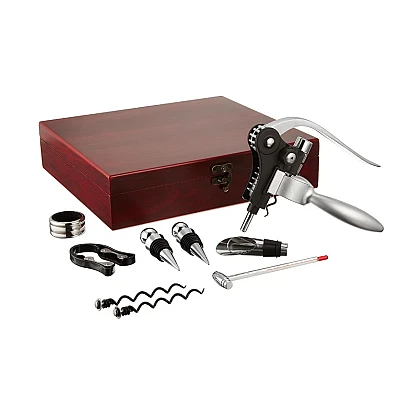 Set premium accesorii profesionale pentru vin in cutie de lemn 9 elemente kitul somelierului Set premium accesorii profesionale pentru vin in cutie de lemn 9 elemente kitul somelierului