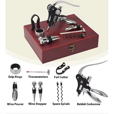 Set premium accesorii profesionale pentru vin in cutie de lemn 9 elemente kitul somelierului Set premium accesorii profesionale pentru vin in cutie de lemn 9 elemente kitul somelierului