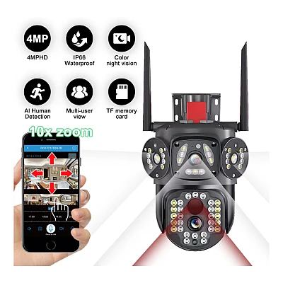 Camera de supraveghere 3 IN 1 M145 Tripla 6K cu 6 Megapixeli Wireless Rotire automata Inteligent tracking Supravegheaza 3 zone simultan Camera de supraveghere 3 IN 1 M145 Tripla 6K cu 6 Megapixeli Wireless Rotire automata Inteligent tracking Supravegheaza 3 zone simultan