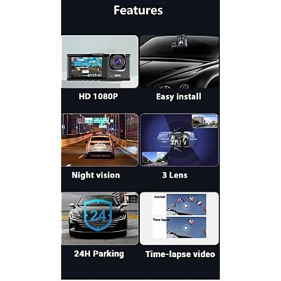 Camera Auto Dvr de Bord Full Hd 1080p Camp Vizual Ultra Larg de 170 grade Ecran Lcd 3 Lentile