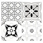 Set 12 placi autocolante din vinil 30 x 30 cm rezistente la apa model FLORAL ALB NEGRU DP0202