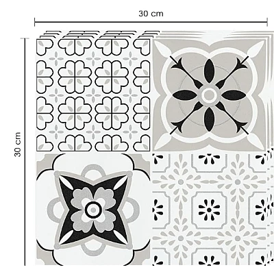 Set 12 placi autocolante din vinil 30 x 30 cm rezistente la apa model FLORAL ALB NEGRU DP0202 Set 12 placi autocolante din vinil 30 x 30 cm rezistente la apa model FLORAL ALB NEGRU DP0202