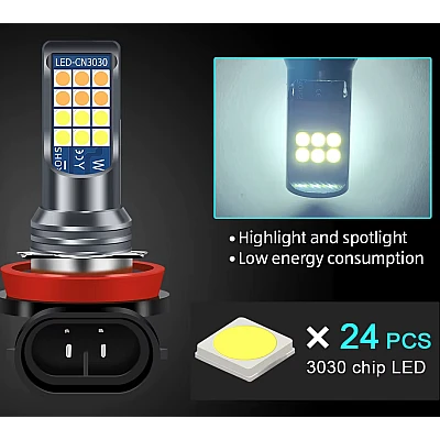 Set 2 becuri auto H11 cu 24 LED in 2 culori 12V 60W 6800 lumeni 6000K Set 2 becuri auto H11 cu 24 LED in 2 culori 12V 60W 6800 lumeni 6000K